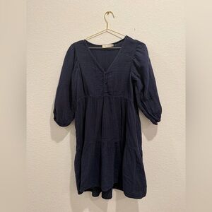 Mododoc navy blue gauze muslin cotton midi long sleeve tiered v neck dress